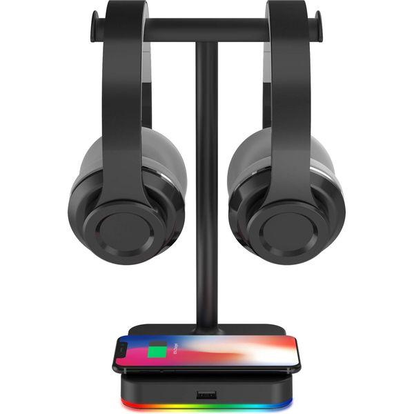 RGB Headphone Stand with Wireless Charger KAFRI Desk Gaming Headset Holder Hanger Rack with 10W/7.5W QI Charging Pad and QC 3.0 USB Port - Suitable for Gamer Desktop Table Game Earphone Accessories, S10,Qi-enabled,Note 9,Iphone,Samsung Galaxy S10 0