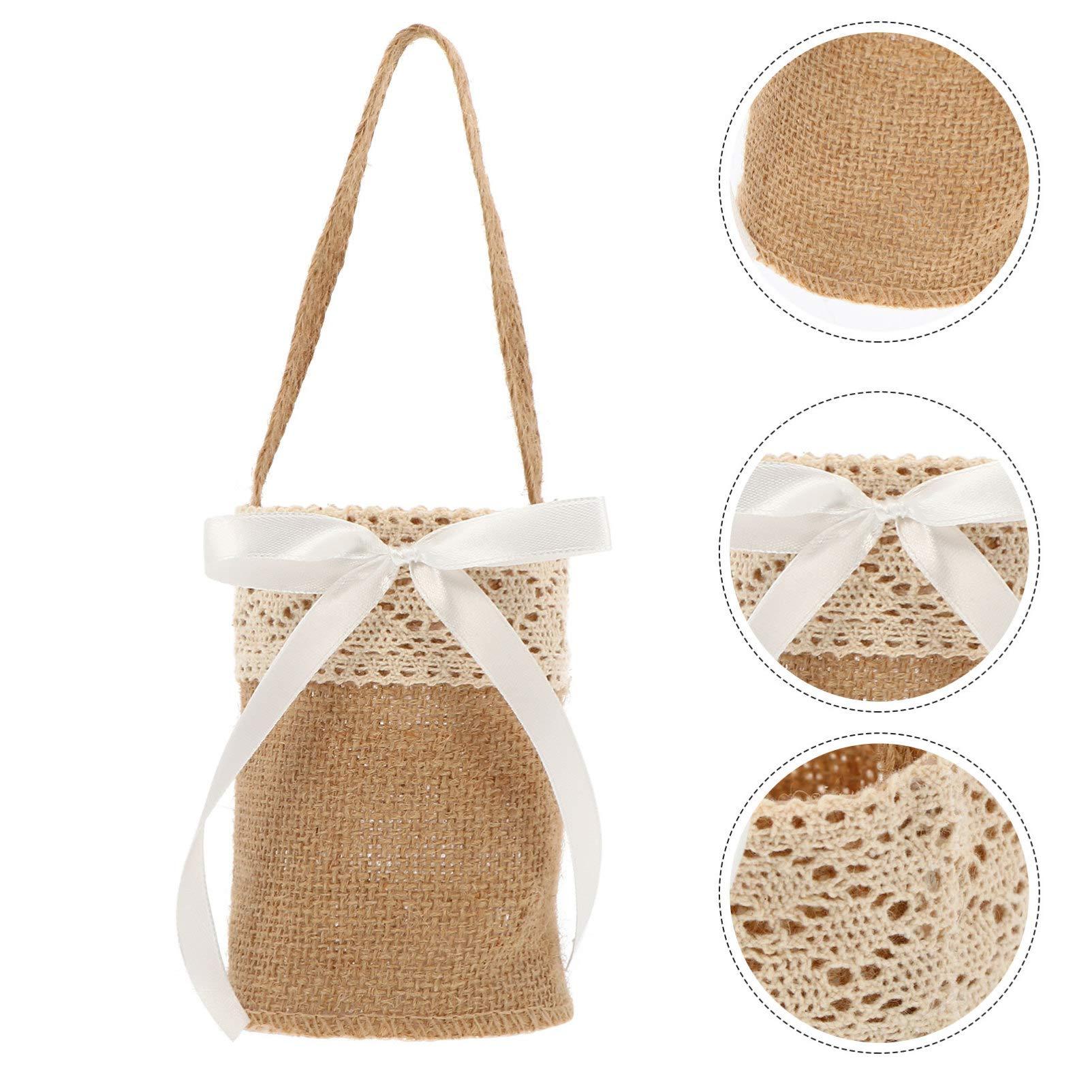 Amosfun 2Pcs Burlap Wedding Baskets Linen Flower Girl Basket Hanging Flower Bucket Bag Rustic Party Photo Props for Christmas Farmhouse 4