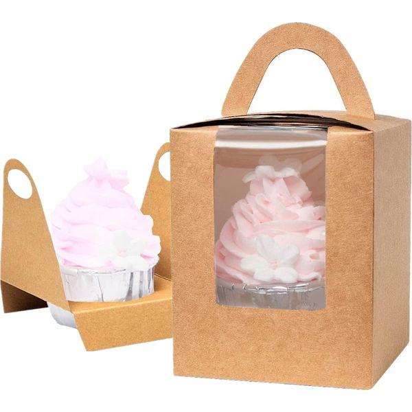 Gbateri 60 Pieces Individual Cupcake Boxes with Insert and Clear Window, Brown Kraft Single Cupcake Boxes Cupcake Carrier with Handle Cupcake Container Bakery Boxes Mini Cake Boxes Treat Gift Boxes
