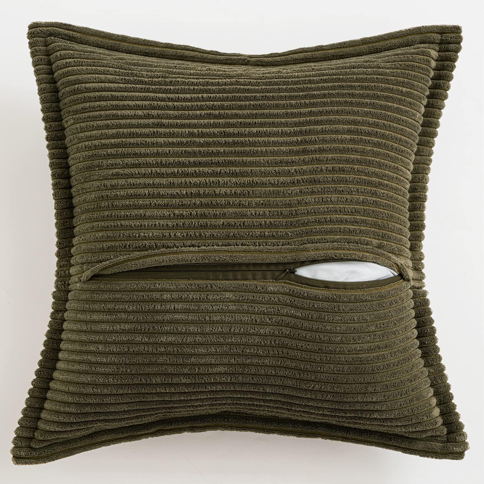 MIULEE Corduroy Cushion Covers Soft Decorative Square Throw Pillow Covers for Spring Cushion Soft Pillowcase Striped Corduroy Cushion Covers Pack of 2 for Home decor Sofa 45x45cm, Olive green 3