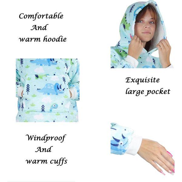 Queenshin Dionsaur Wearable Blanket Hoodie,Oversized Sherpa Comfy Sweatshirt for Kids Girls Boys 7-16 Years,Warm Cozy Animal Hooded Body Blanket Green 4