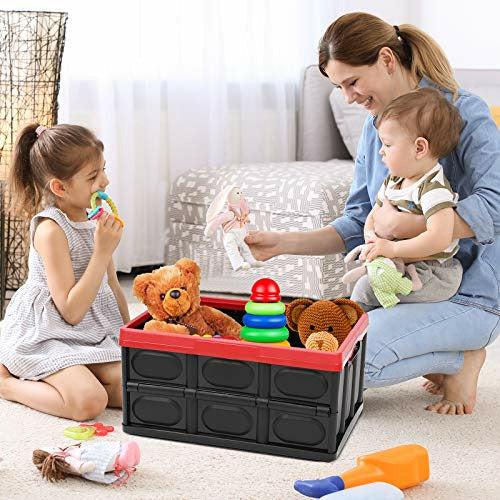 Tuevob 2 Pack Collapsible Storage Boxes Crates 30L Lidded Storage Bins Plastic Tote Storage Box Container Stackable Folding Utility Crate for Clothes, Toy, Books,Snack, Shoe Grocery Storage Bin-Black 1