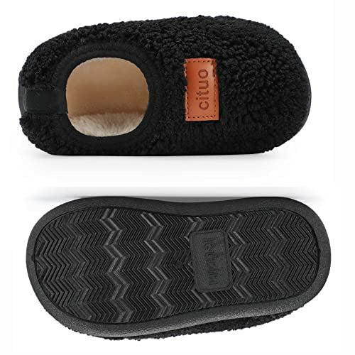 Boys Girls Slipper Winter Kids Plush Fleece House Shoes Hook and Loop for Toddler with Anti-Slip Sole (Slip-Black, 16CM) 3