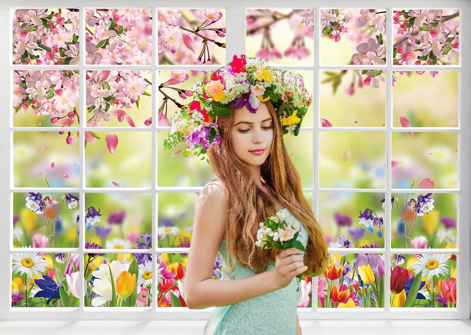 Spring Backdrop for Photography 10x8FT Spring Window Nature Pink Flowers Background Easter Party Decorations Baby Shower Kids Portrait Photo Booth Props 3