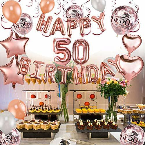 HOWAF Rose Gold 50th Birthday Decorations for Women Birthday Party Supplies 59 Pack with Happy Birthday Banner Hanging Swirl Confetti Latex Balloons Star Heart Foil Balloons 3