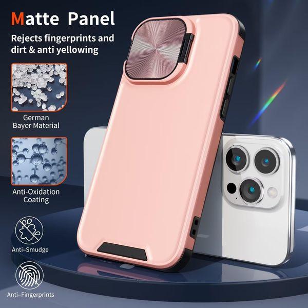 Buysing for iPhone 15 Pro Max Case with Camera Cover Stand [with Screen Protector] Invisible Metal Kickstand Military Grade Hard Matte Shockproof Phone Case 6.7"-Pink 4