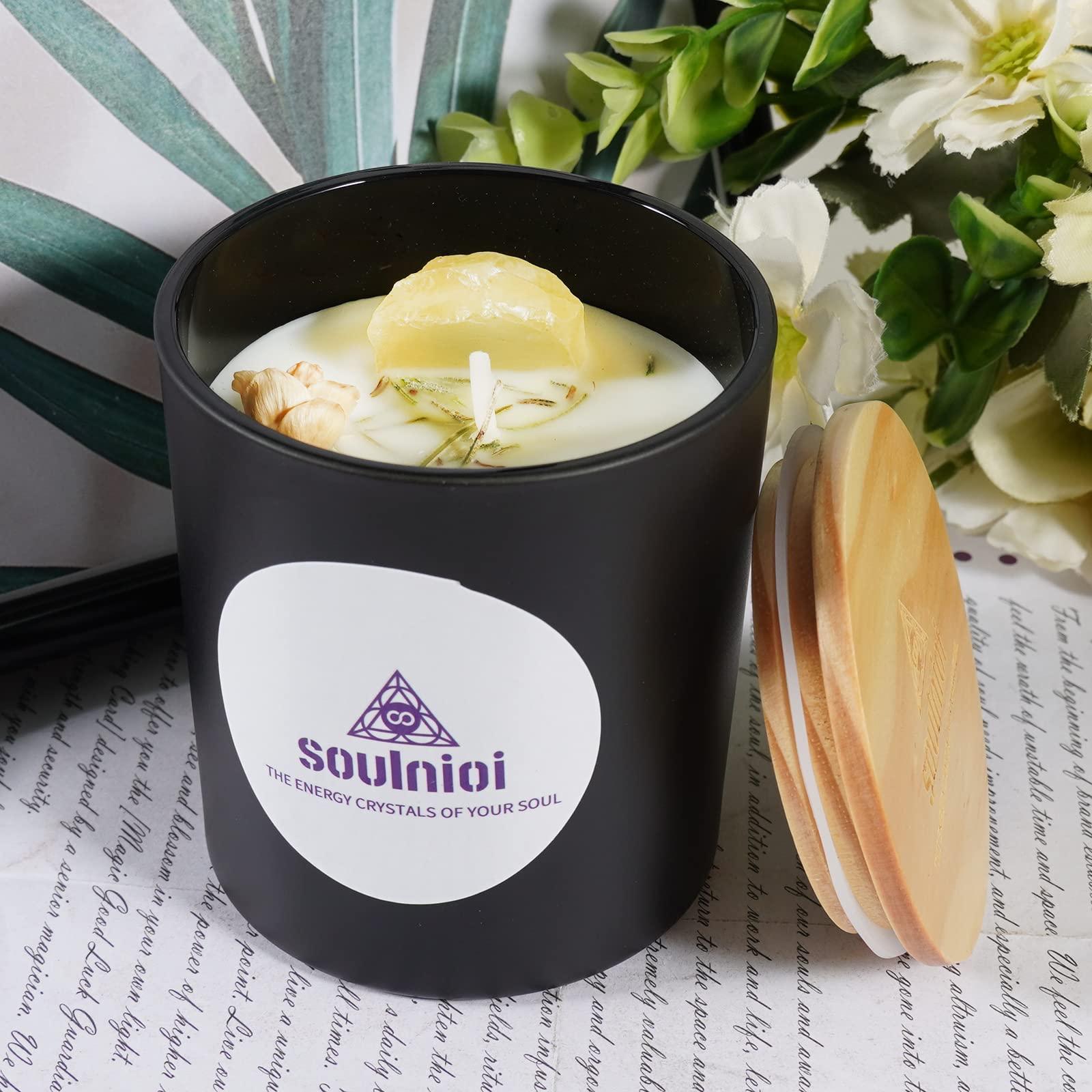 Soulnioi Scented Candle Set Black Cup Soy Wax Aromatherapy Candle with Crystal and Dry Flower Gardenia Fragrance and Citrine Crystal Pendant Necklace of Stress Realxtion for Wedding Birthday Gift 1