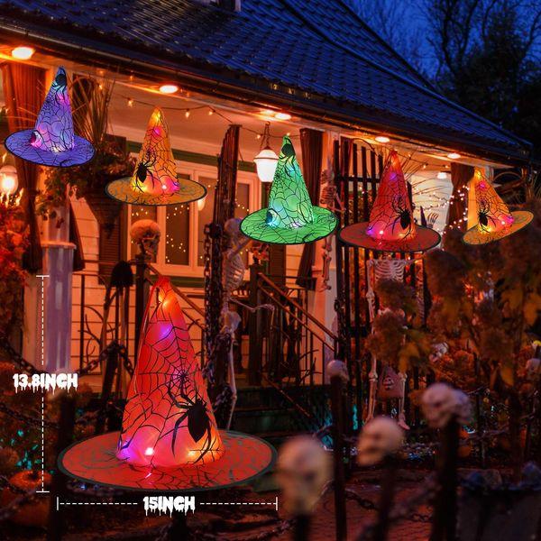 welodorir Halloween Decorations Glowing Witch Hat, 8Pcs Hanging Glowing Witch Hats Light-Emitting String Lights for Outdoor Gard Tree Yard Party Decor 4