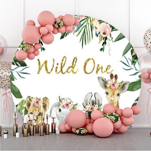 Renaiss 6.5ft Jungle Wild One Animal Round Backdrop Safari Animals Flowers Polyester Photography Background Baby Shower Kids 1st Birthday Party Decoration Cake Table Banner Photo Props 1