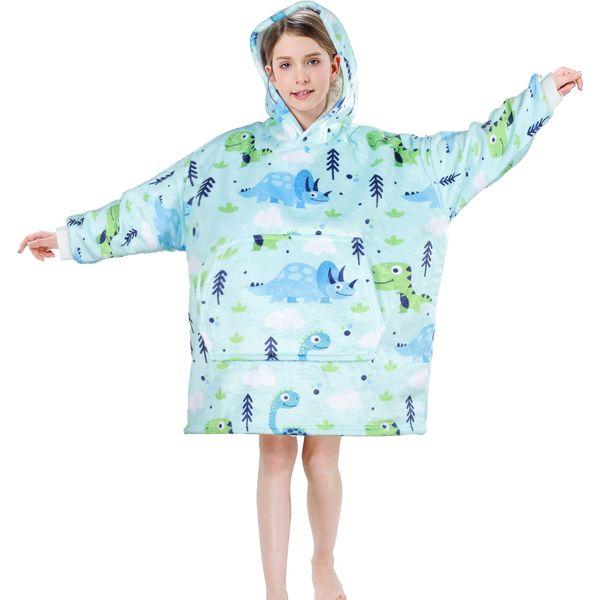 Queenshin Dionsaur Wearable Blanket Hoodie,Oversized Sherpa Comfy Sweatshirt for Kids Girls Boys 7-16 Years,Warm Cozy Animal Hooded Body Blanket Green 1