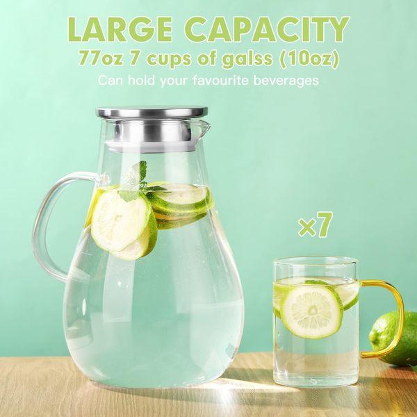 Glass Water Jug with Lid, BELIBUY Glass Jug with Lid 2.2 Litre, 70 Ounces Iced Tea Jug Water Carafe Hot & Cold Water Iced Tea Wine Coffee Milk and Juice Drinks Carafe Water Jug 2