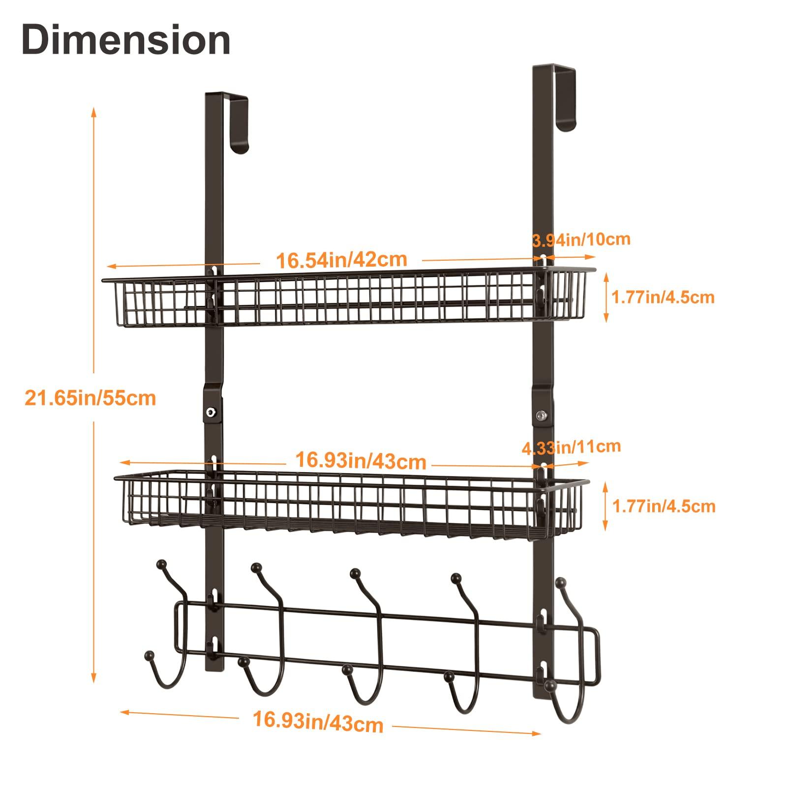 UOMIO Over Door Storage Racks with 2 Wire Baskets and 5 Coat Hooks No Drilling Over The Door Hanger Organisers for Bathroom Bedroom Kitchen, Dark Brown 1