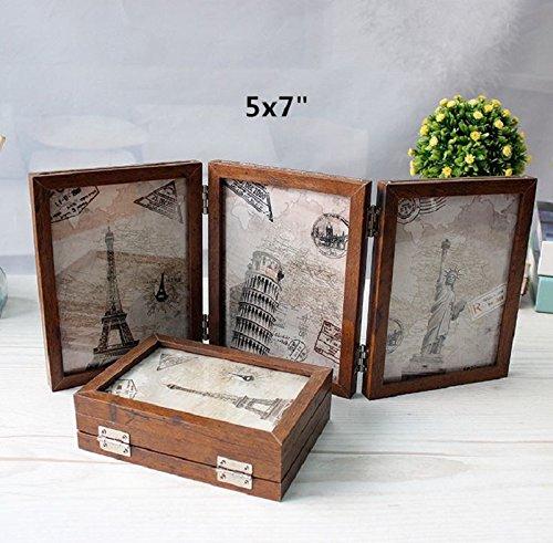 Xshelley retro home jewelry gifts, 3 solid wood frame double folding frame, double-sided photo frame 180 degree rotation, creative photography studio/Album (Retro 5X7) 1