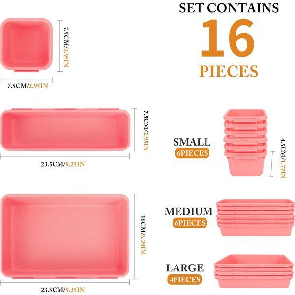 16PCS Plastic Drawer Organizer Set, Interlocking Desk Drawer Organizer Divider Trays, Various Size Desk Storage Tray for Makeup, Jewelry, Accessories or Garage Organization (Pink) 2