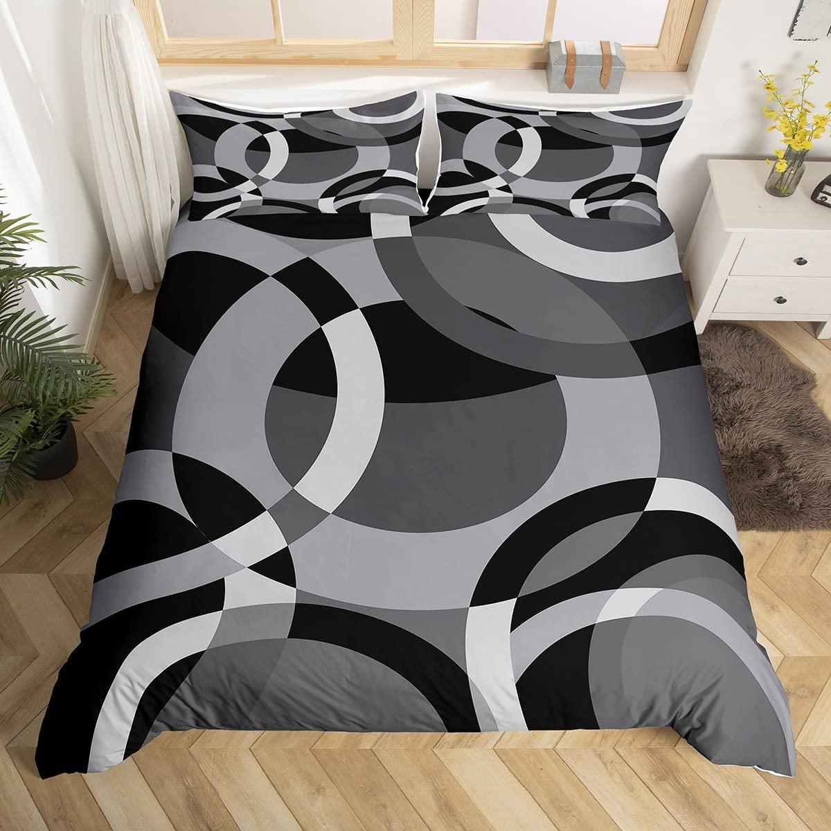 Loussiesd Circle Geometry Bedding Set Kids Gray Black Swirl Comforter Cover Set for Women Men Adults Modern Stripes Duvet Cover Breathable Geometric Bedspread Cover Single Size 0