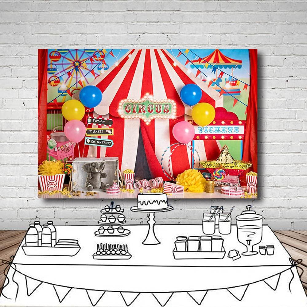 MEHOFOND 7x5ft Circus Carnival Photography Backdrop Stripes Tent Balloon Flag Birthday Party Background Banner Popcorn Tickets Cake Smash Decor Child Portrait Photo Studio Booth Props 4