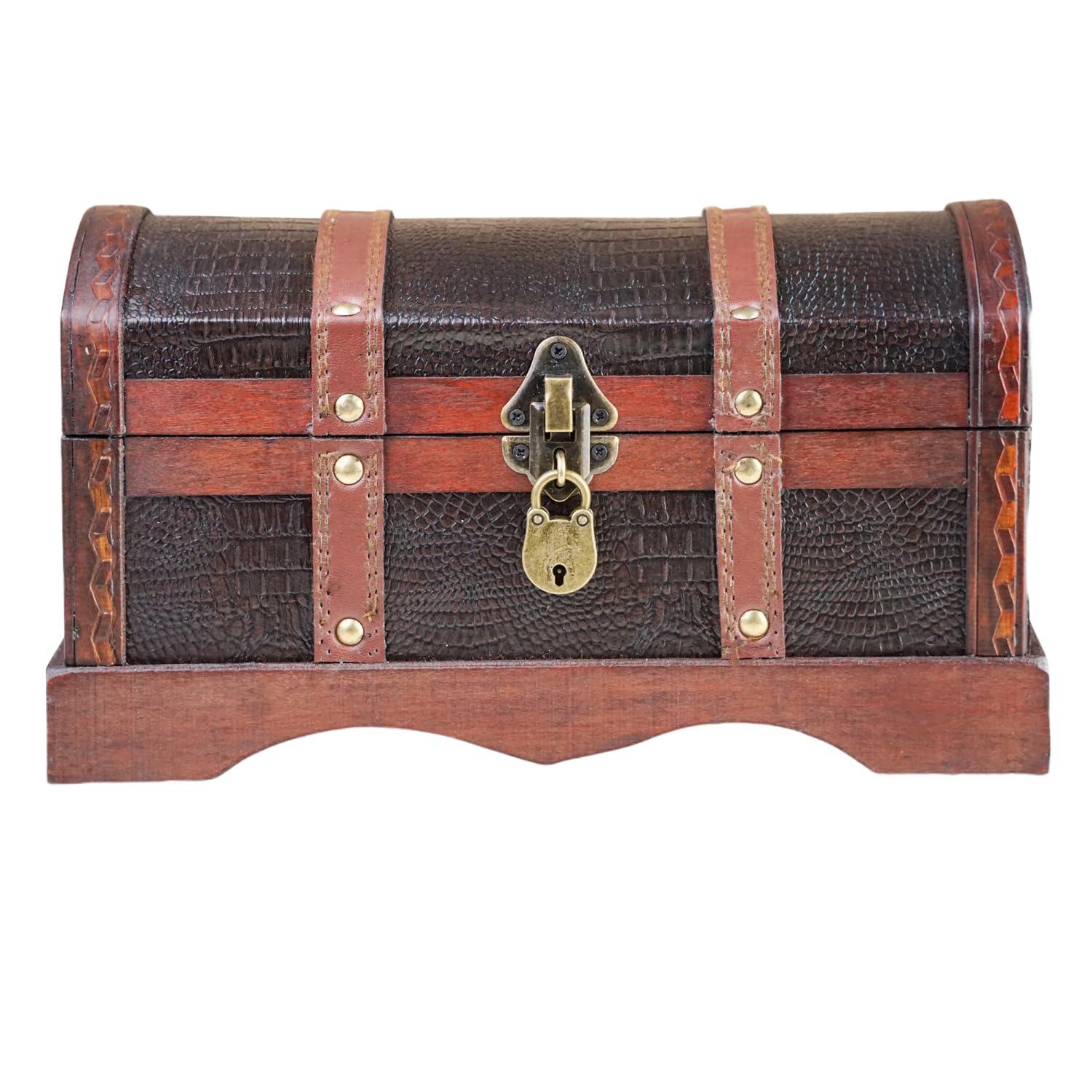 BRYNNBERG - Pirate Treasure Chest Storage Box - Croco 30x17x16cm - Durable Wooden Treasure Chest with Lock - Unique Handmade Decorative Wood Storage Box - Vintage Wood Chest Box - The Best Gift
