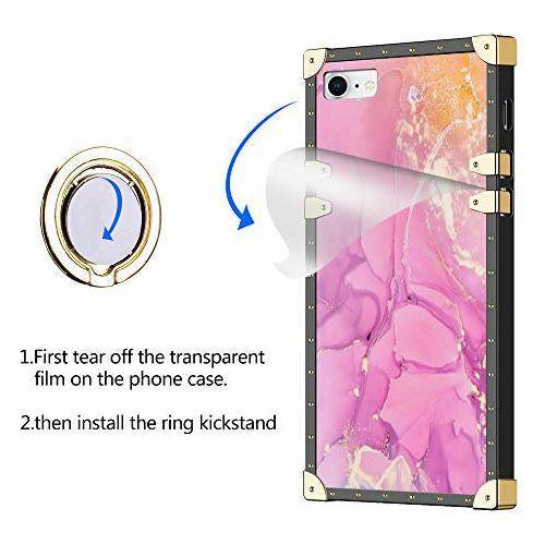 Coolden for iPhone SE 2020 Case iPhone 7 Case with Ring Kickstand Shockproof Square Case for Girls Metal Decoration Back Soft TPU Protective Phone Case Cover for iPhone 7/8/SE 2020 (Marble Pink) 1