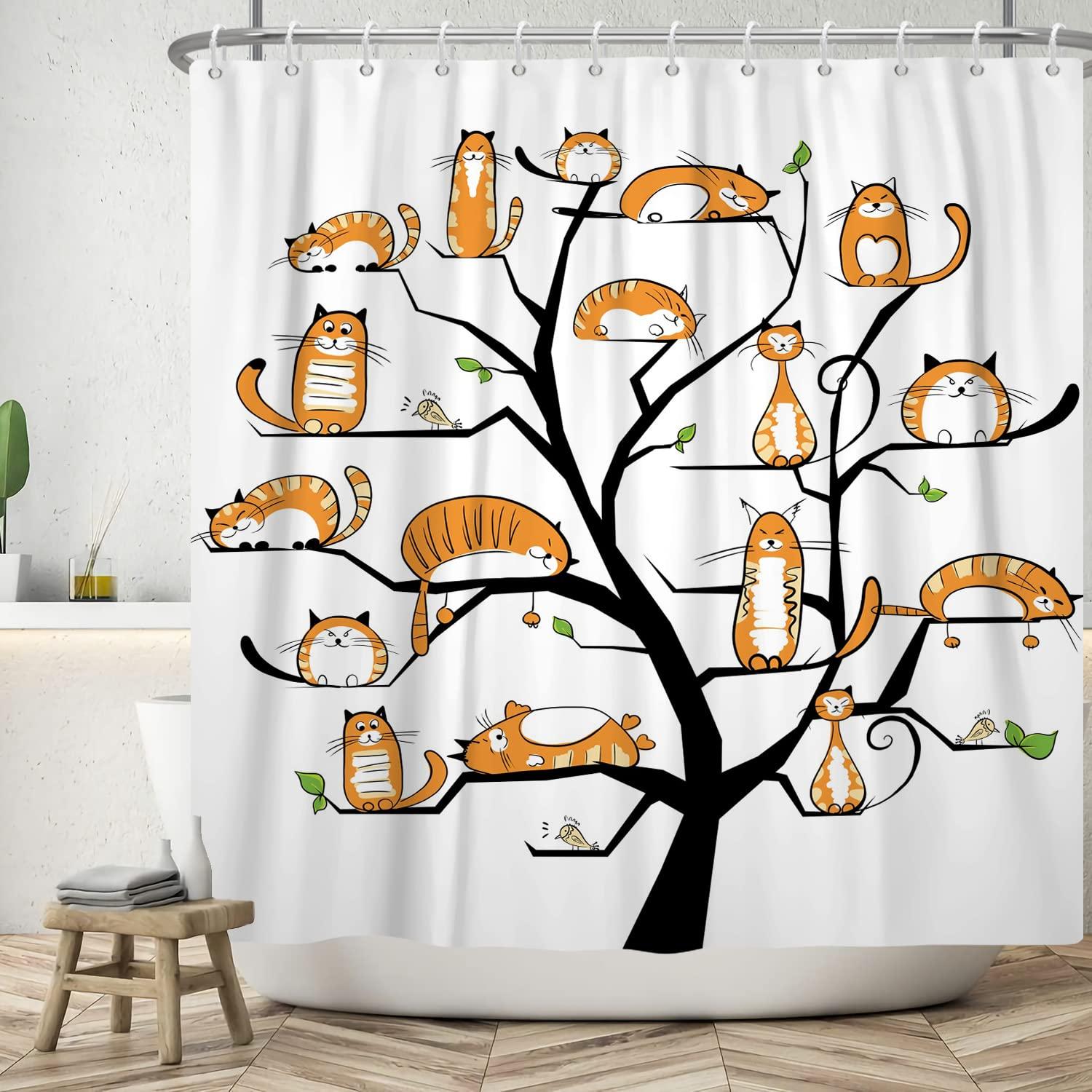 Ttincceer Cat Shower Curtain Cute Orange Kitten Tree Bathroom Curtain 60x72inch Funny Animal Pet Cat Shower Curtains Washable Bathtub Curtain for Children Bathroom Decor 0