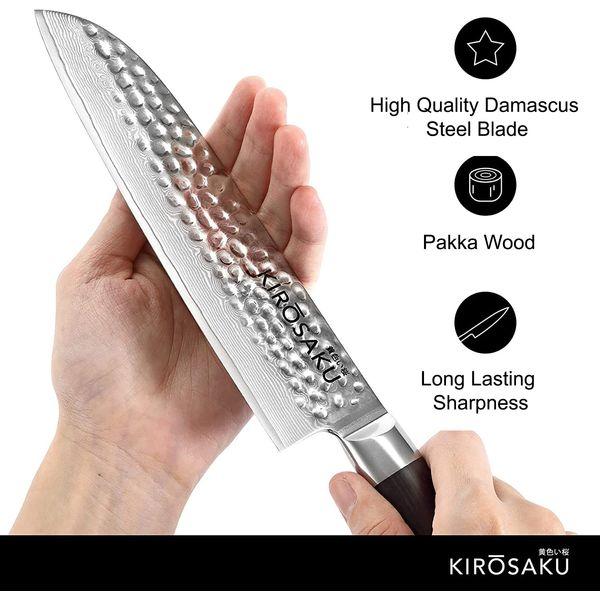Kirosaku Premium Santoku Japanese Knife Damascus Steel 18 cm - Santoku Chef Knife Made of Japanese Damascus Steel and Pakka Wood Handle for a Fantastic Cutting Experience 2