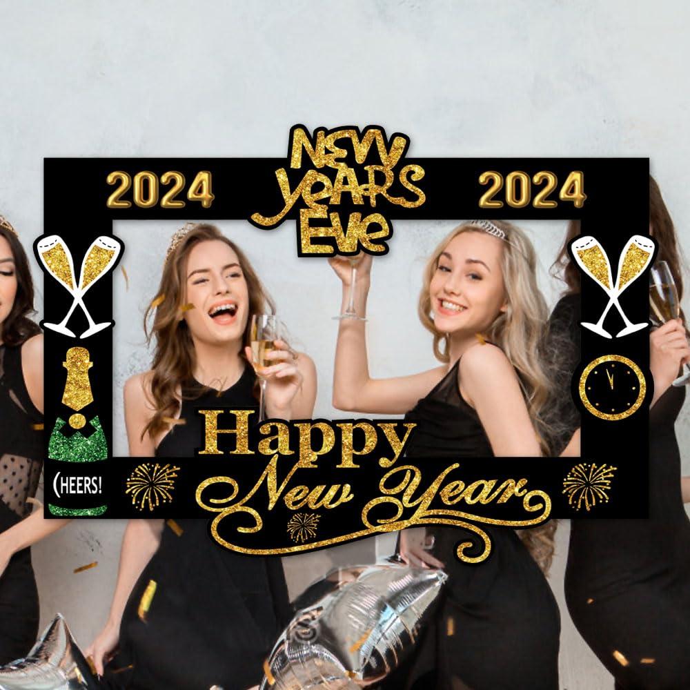 SWSATYW 2024 Happy New Year's Eve Party Photo Booth Props Decoration with Card Frame(Pack of 18) 1