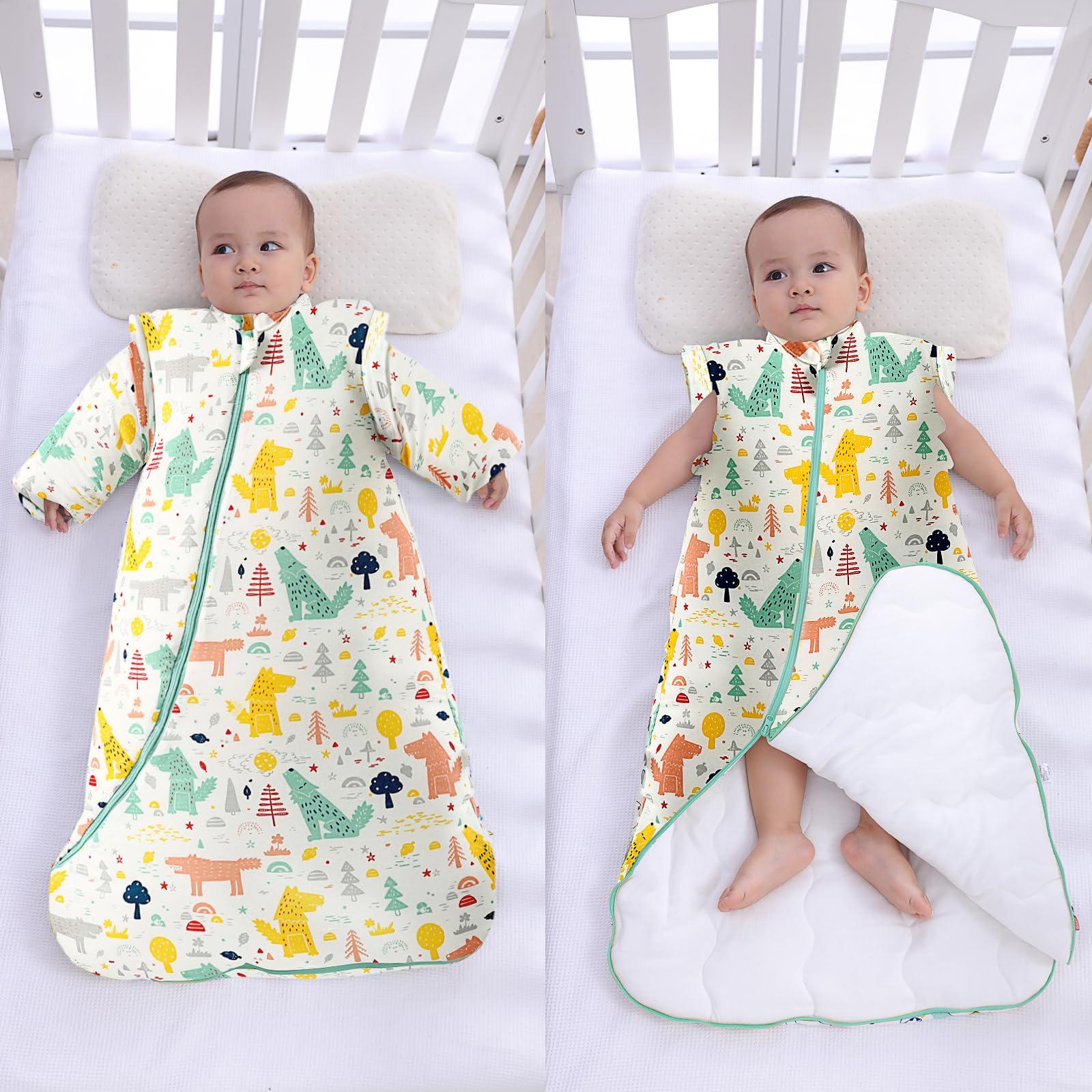 SFreeBo Newborn Baby Wearable Blanket 3.5 Tog Winter Animal Wolf Baby Boy Girl Grow Bag Front Zip Sleep Sack with Removable Sleeves can Also be Used in Bed and Buggies 3-12M 3