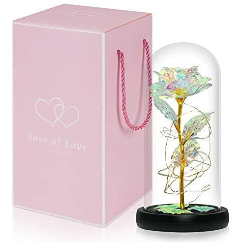 Sunm Boutique Beauty and the Beast Rose Kit, Red Rose and LED Light in Glass Dome on Wooden Base for Anniversary Mother's Day Birthday Wedding Valentine's Day 2