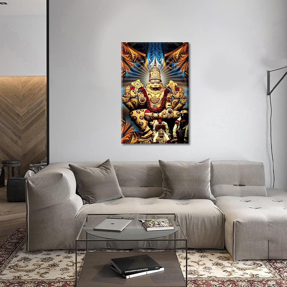 Living Room Wall Decorations Indian God Decor Narasimha Pictures for Bedroom 1 Piece Hinduism Cultural Canvas Wall Art Home Decor Framed Gallery-wrapped Stretched Ready to Hang (16''Wx 24''H) 3