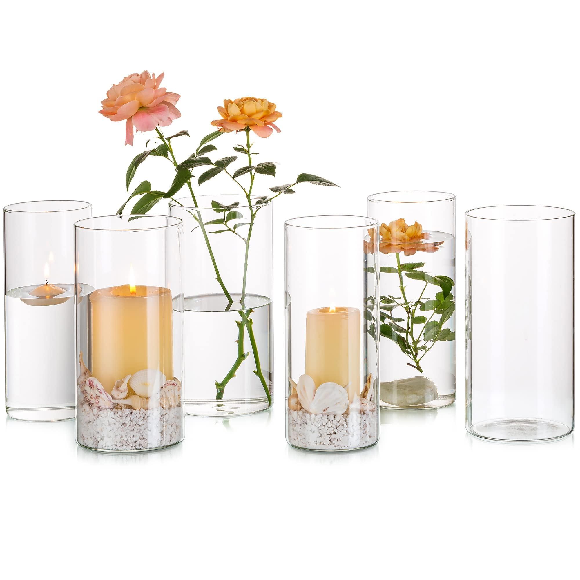 Glasseam Glass Cylinder Vase, Clear Vases for Flowers Set of 6, 20cm Decorative Flower Vase Floating Candle Hurricane Vase, Modern Glass Vases for Table Decoration Party Dining Wedding Centrepieces 0