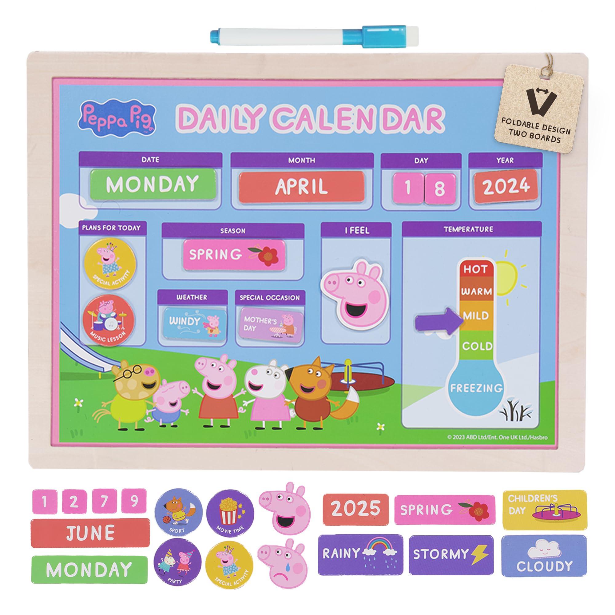 Kid's Wooden Magnetic Daily Calendar - Interactive Learning, Reusable Schedule, Fun Chore Chart - SparkJoy Set for a Colorful Daily Routine! Peppa Pig Wooden Calendar