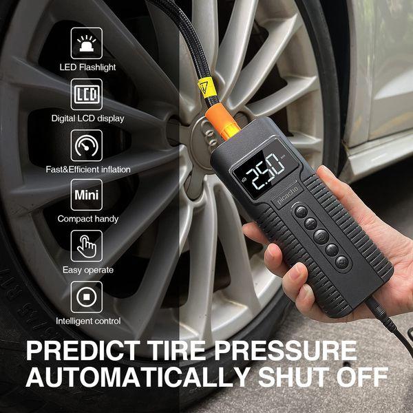 Picache Tyre Inflator Air Compressor,Car Tyre Inflator 12V Auto-Stop,Portable Tyre Pump with Tyre Pressure Gauge & LED Light for Car, Bicycle, Motorcycle and Others 1