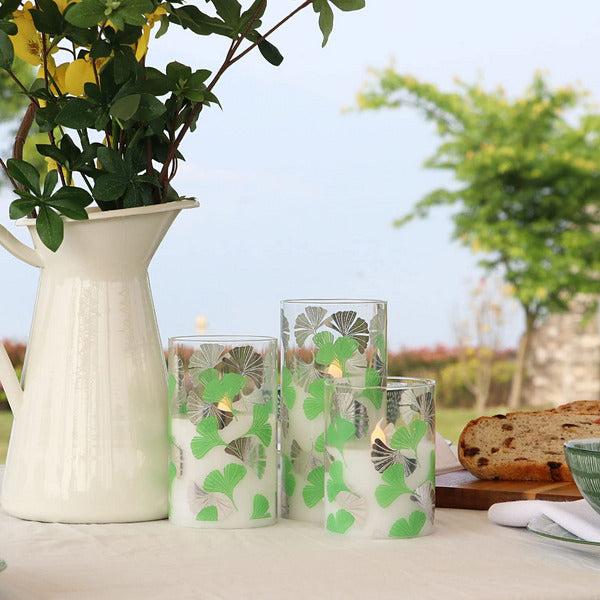 Ginkgo Leaves Pattern Glass Battery Operated LED Candles with Timer, Flameless Candles for Spring & Summer Home Decor, Batteries Included - Set of 3 2