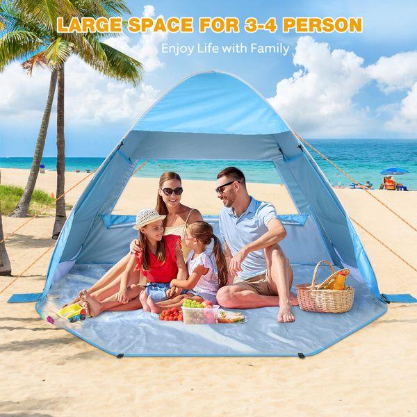 Pop Up Beach Tent for 1-3 Person/2-4 Person, UPF 50+ UV Sun Shelter, Automatic Instant Portable Beach Tent, Sun Shade Shelter with 4 Sides Ventilation Design, Outdoor Pop Up Tent for Family 1