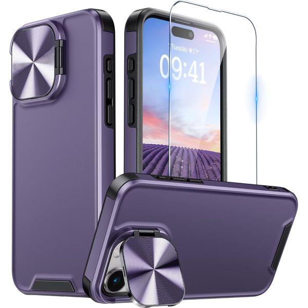 Buysing for iPhone 15 Pro Max Case with Camera Cover Stand [with Screen Protector] Invisible Metal Kickstand Military Grade Hard Matte Shockproof Phone Case 6.7"-Dark Purple 0