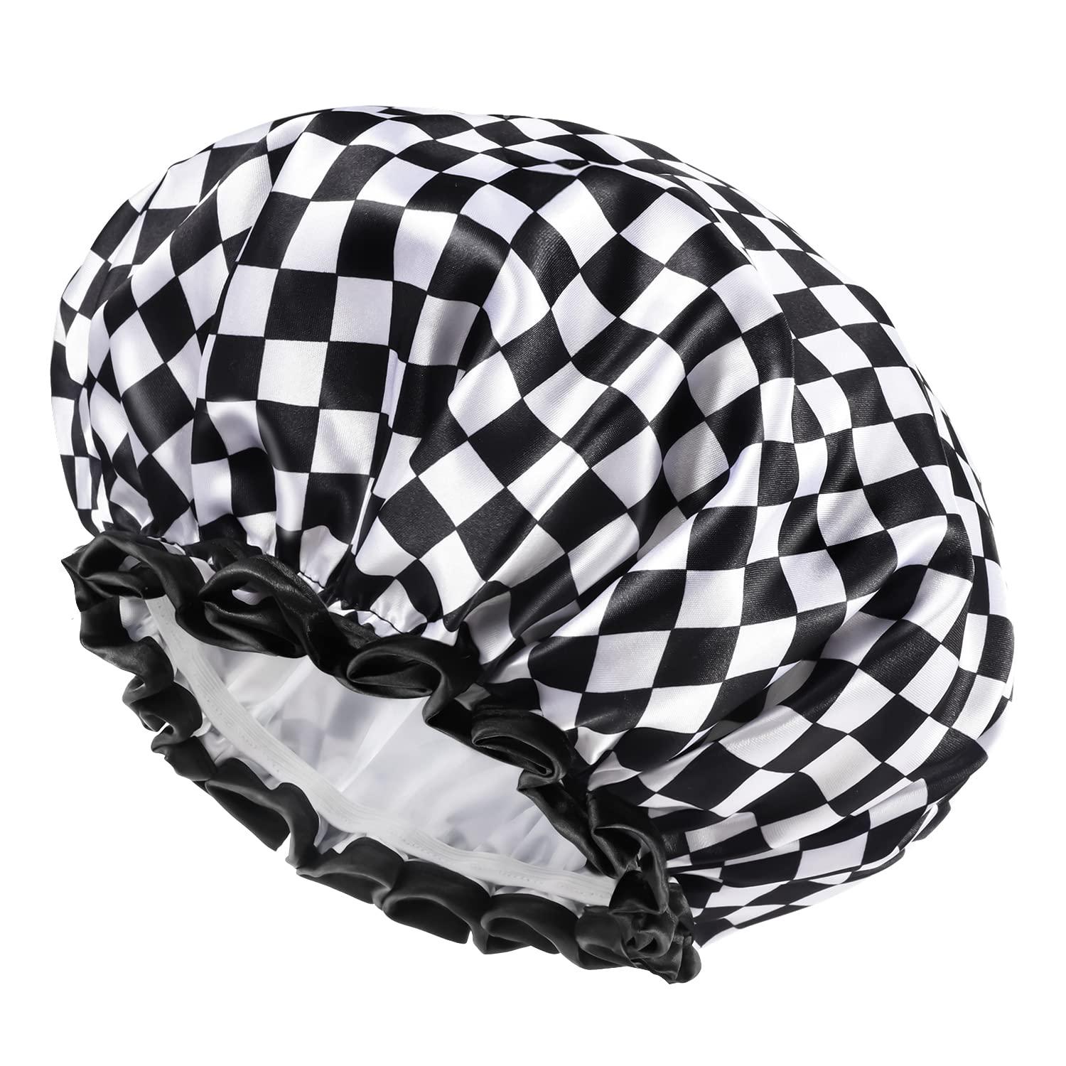 mikimini Shower Cap for Women, Double-layer Waterproof, Reusable, Washable Hair Cap for Short Medium Hair, Black and White Checkered Design - Contemporary and Chic Accessories, 2 Pack 0