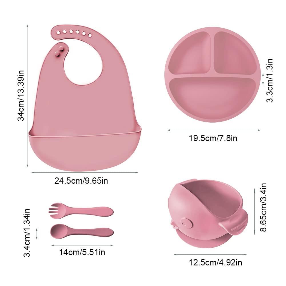 ANTUREBAY Silicone Children's Tableware, Children's Plate Sets, 5 Pieces, Non-Slip Tableware Sets with Suction Cup, Baby Plate, Spoon, Fork, Bowl, bib, BPA-Free, Dishwasher and Microwave Safe (Pink) 1