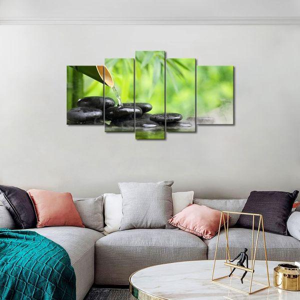 5 Panel Wall Art Green Spa Still Life With Bamboo Fountain And Zen Stone In Water Painting The Picture Print On Canvas Botanical Pictures For Home Decor Piece Stretched By Wooden Frame Ready To Hang 2