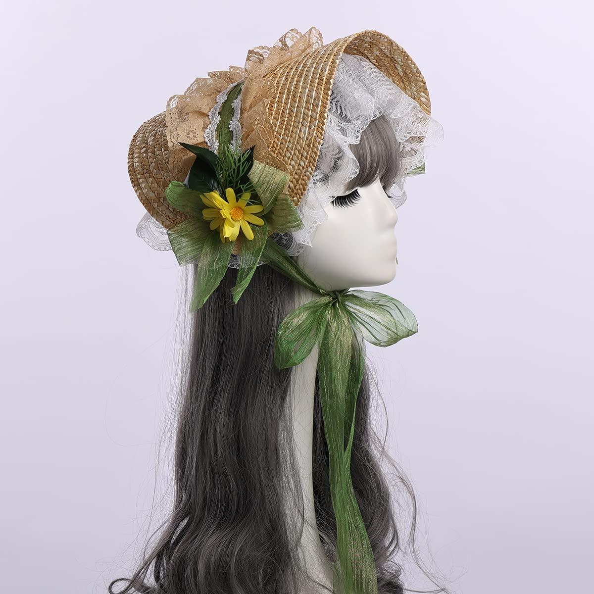 COSDREAMER Girls Women Victorian Tea Party Sun Hat Lolita Flower Straw Hats Beach Hats Light Green 4