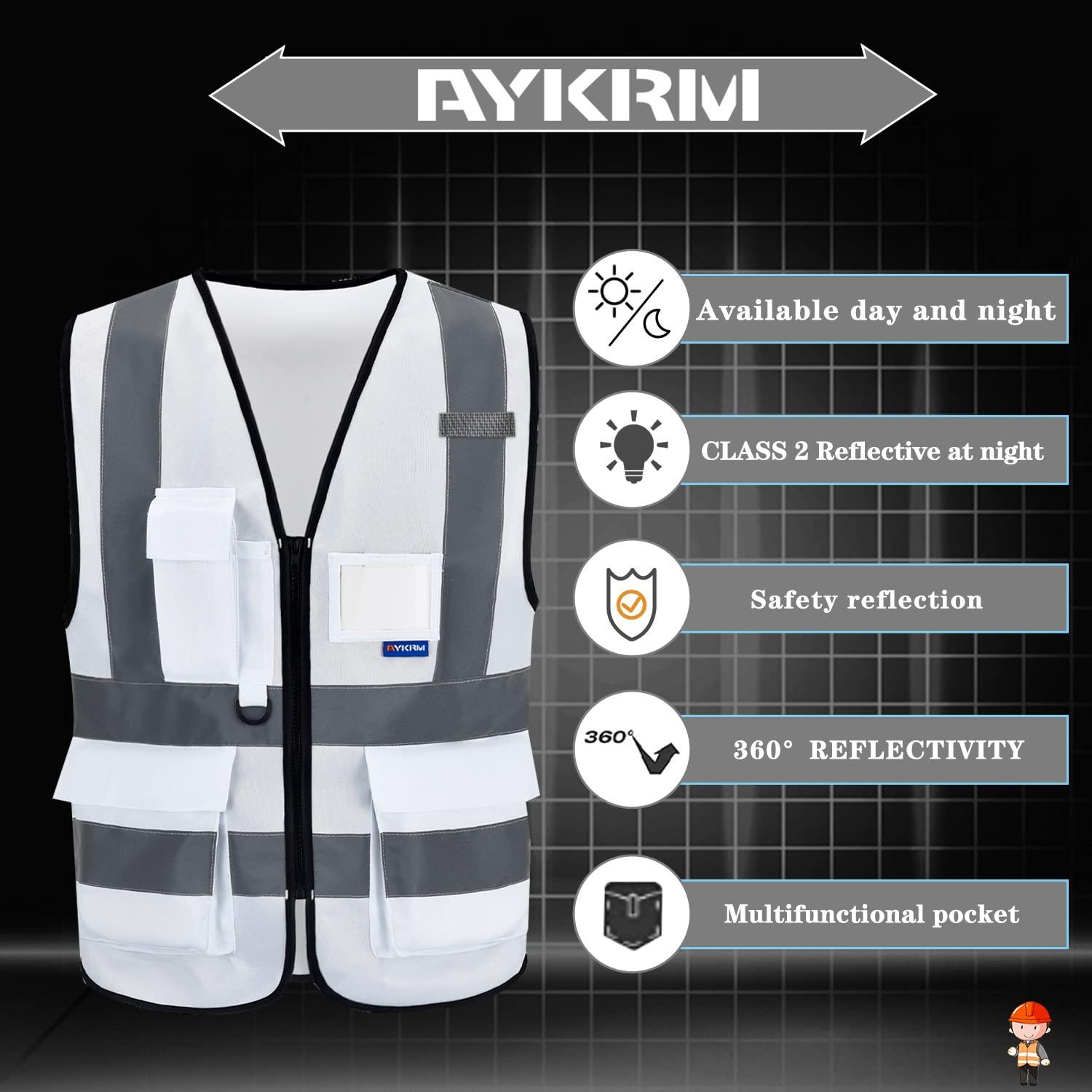 AYKRM Reflective vest white high viz Class 2 hi vis Zipper Front High Visibility vest Hi Vis Executive Vest Waistcoat with Phone & ID Pockets 2