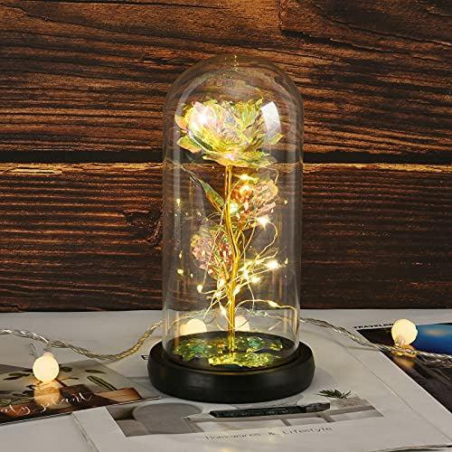 Sunm Boutique Beauty and the Beast Rose Kit, Red Rose and LED Light in Glass Dome on Wooden Base for Anniversary Mother's Day Birthday Wedding Valentine's Day 1