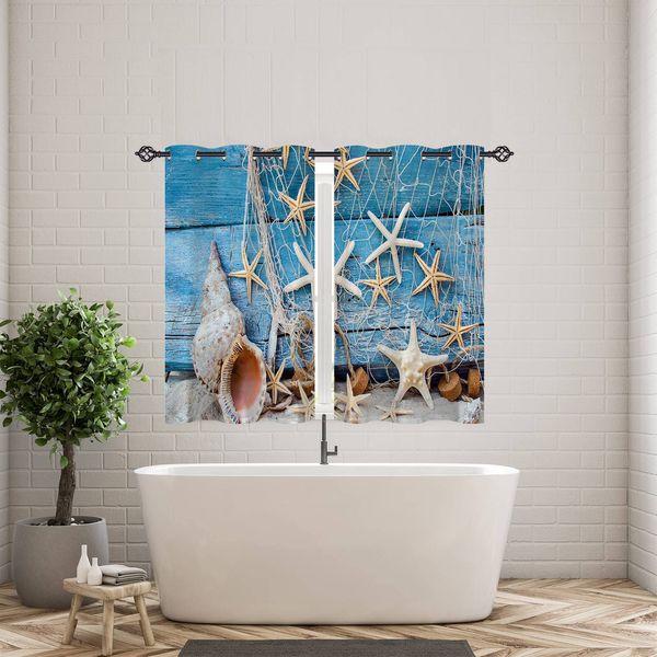 ANHOPE Nautical Curtains Eyelet 80% Blackout Room Darkening Curtains with Blue Wood Beach Seashell Starfish Print Pattern Privacy Window Drapes for Bedroom Living Room 46 x 54 Inch Drop 2 Panels 2