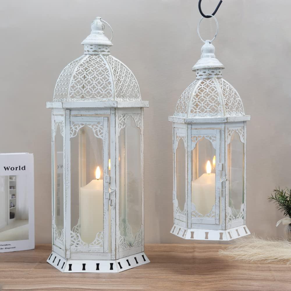 NEWIMAGE Set of 2 Decorative Candle Lantern 50cm & 38cm High Outdoor Candle Lanterns Vintage Metal Candle Holder for Garden Living Room Indoor Outdoor Parties Weddings Patio Home Decor (White) 1