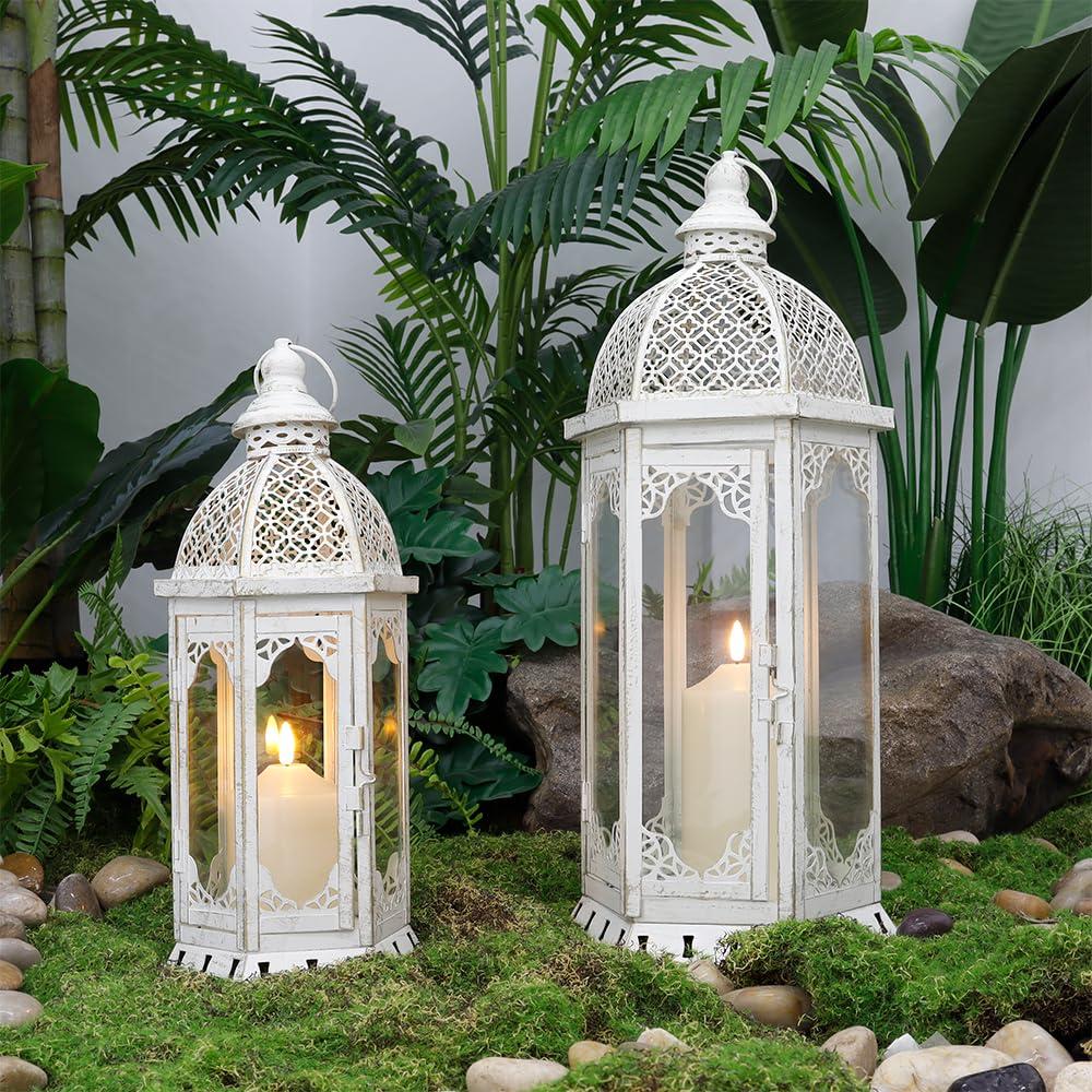 NEWIMAGE Set of 2 Decorative Candle Lantern 50cm & 38cm High Outdoor Candle Lanterns Vintage Metal Candle Holder for Garden Living Room Indoor Outdoor Parties Weddings Patio Home Decor (White)