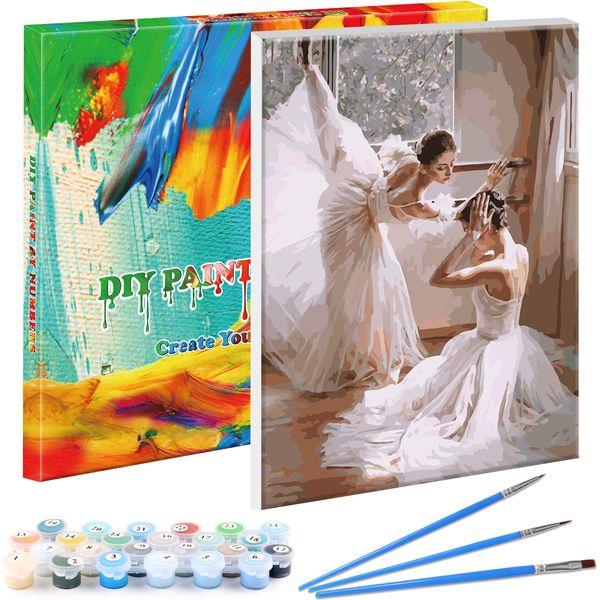 WISKALON [Wooden Framed Paint by Numbers Kits 16x20 inch Canvas DIY Oil Painting for Children Adults Beginner Home Decoration Gifts - Ballet Dancers