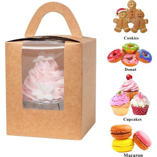 Gbateri 60 Pieces Individual Cupcake Boxes with Insert and Clear Window, Brown Kraft Single Cupcake Boxes Cupcake Carrier with Handle Cupcake Container Bakery Boxes Mini Cake Boxes Treat Gift Boxes 3