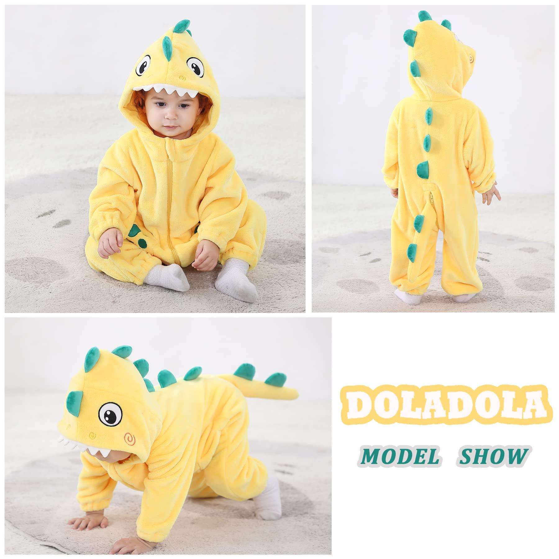 Doladola Unisex Kid's&Toddler's Costume Outfit Baby Boys Girls Flannel Animal Hooded Rompers Jumpsuit (3-6 Months,Yellow Shark) 4