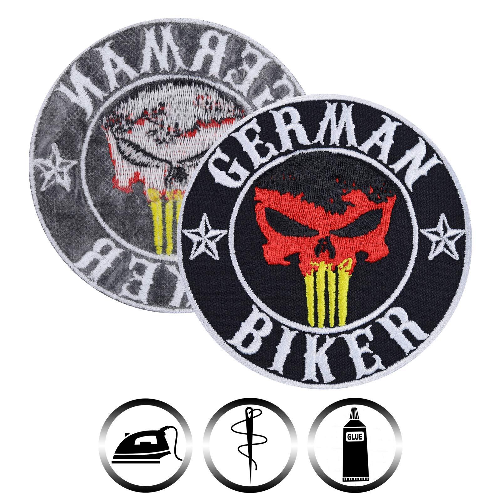 German Biker Patch sew on Skull Embroidered Badge for All Fabrics and Leather | Biker Patch Emblem Iron-on Sticker for Motorcycle | Germany Flag Patch | 90X90 mm 1