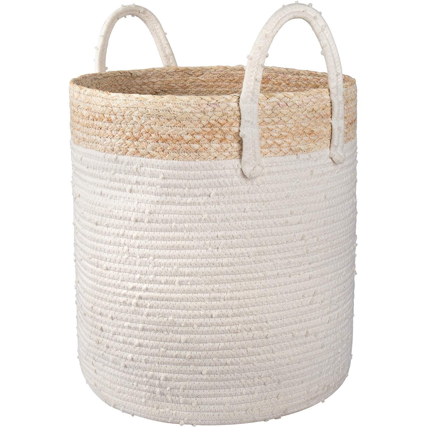 La Jolíe Muse Large Storage Basket - Cotton Rope Laundry Basket for Diaper Blanket Toy Towel Woven Nursery Basket Home Decor, White & Gold Set 2