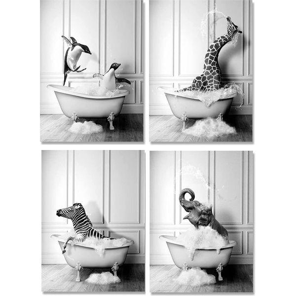 GHJKL Black White Animal Picture, Animal In The Bathtub Wall Art Prints Funny Bathroom Pictures Canvas Poster Home Decor - Without Frame (40 x 60 cm x 4 Pieces, Cute Animals)…