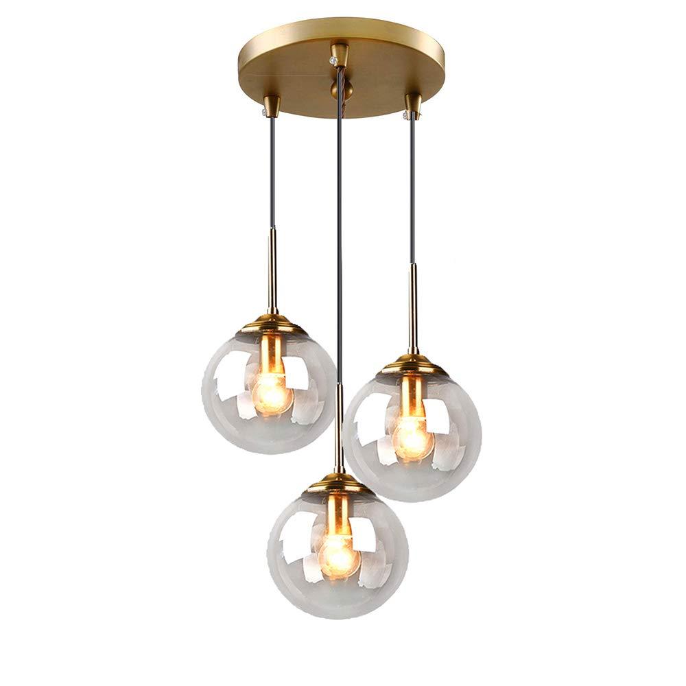 HJXDtech Industrial Vintage 3 Way Pendant Light Cluster Glass Globe Chandelier Brass Metal Ceiling Hanging Lamp Kitchen Dining Room Indoor Lighting Fixture (Clear Ball) 1